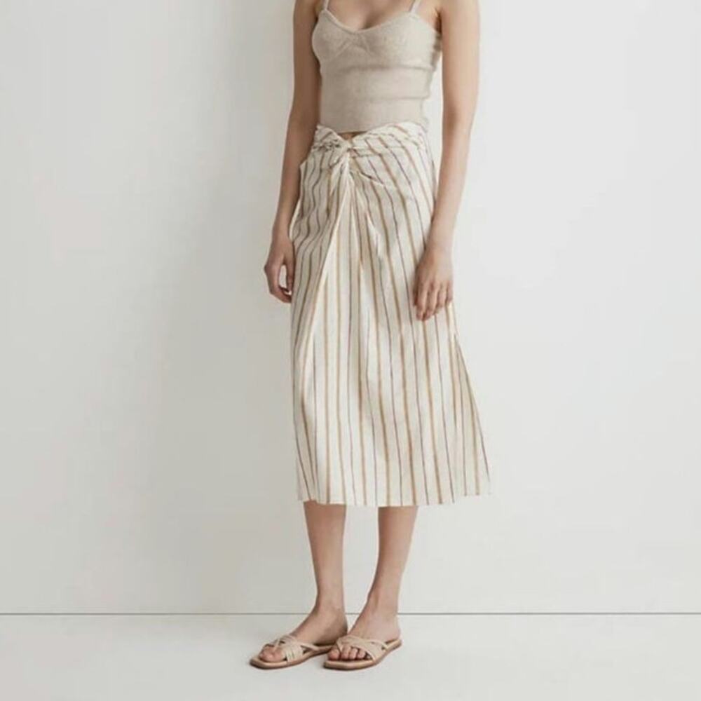 Madewell NWT Stripe Sarong Wrap Midi Skirt Twist Front Linen Cotton Size 12 - Picture 13 of 16